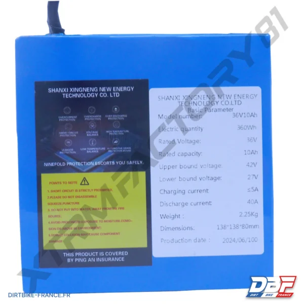 01// PACK BATTERIE LITHIUM 36V 10A NRJ 1000W, photo 1 sur Dirt Bike France